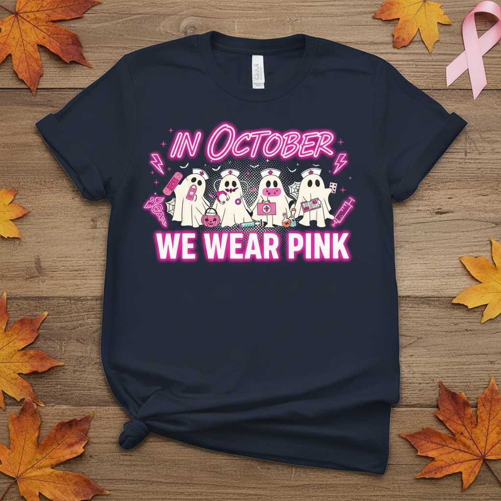 In October We Wear Pink Nurse Ghost Breast Cancer Halloween T-Shirt, Graphic Tee