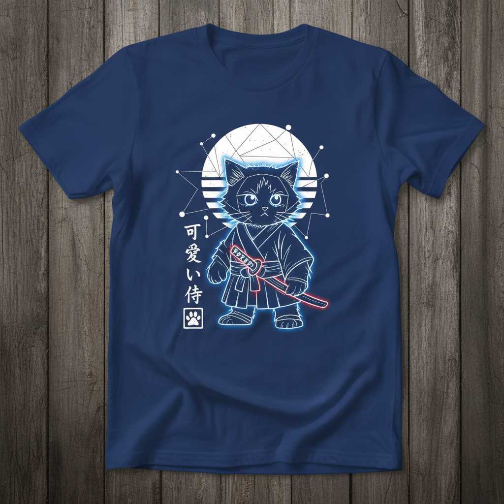 Kawaii Samurai Cat Anime Graphic T-Shirt, Cute Japanese Kitten Novelty Tee Merch