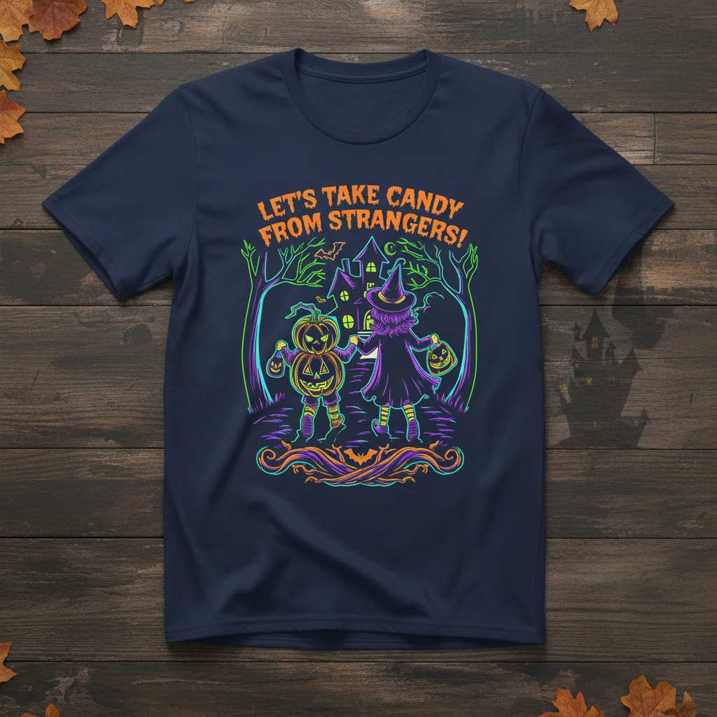 Lets Take Candy From Strangers! Funny Halloween T-Shirt Graphic Tee Idea
