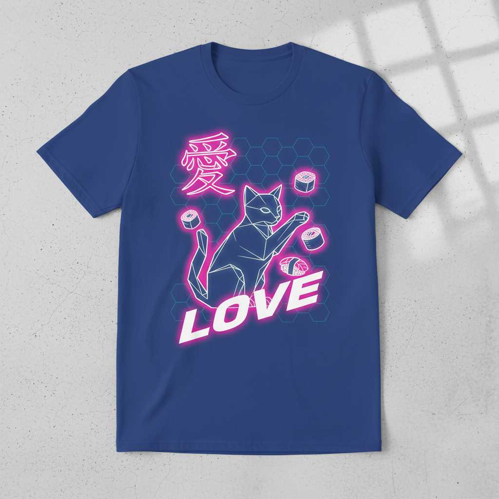 Love Japanese Cat Sushi Neon Vaporwave T-Shirt, Cute Graphic Tee Merch