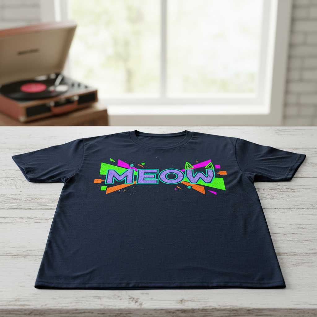 Meow 90s Retro Graphic T-Shirt, Funny Cat Lover Novelty Tee Present Idea
