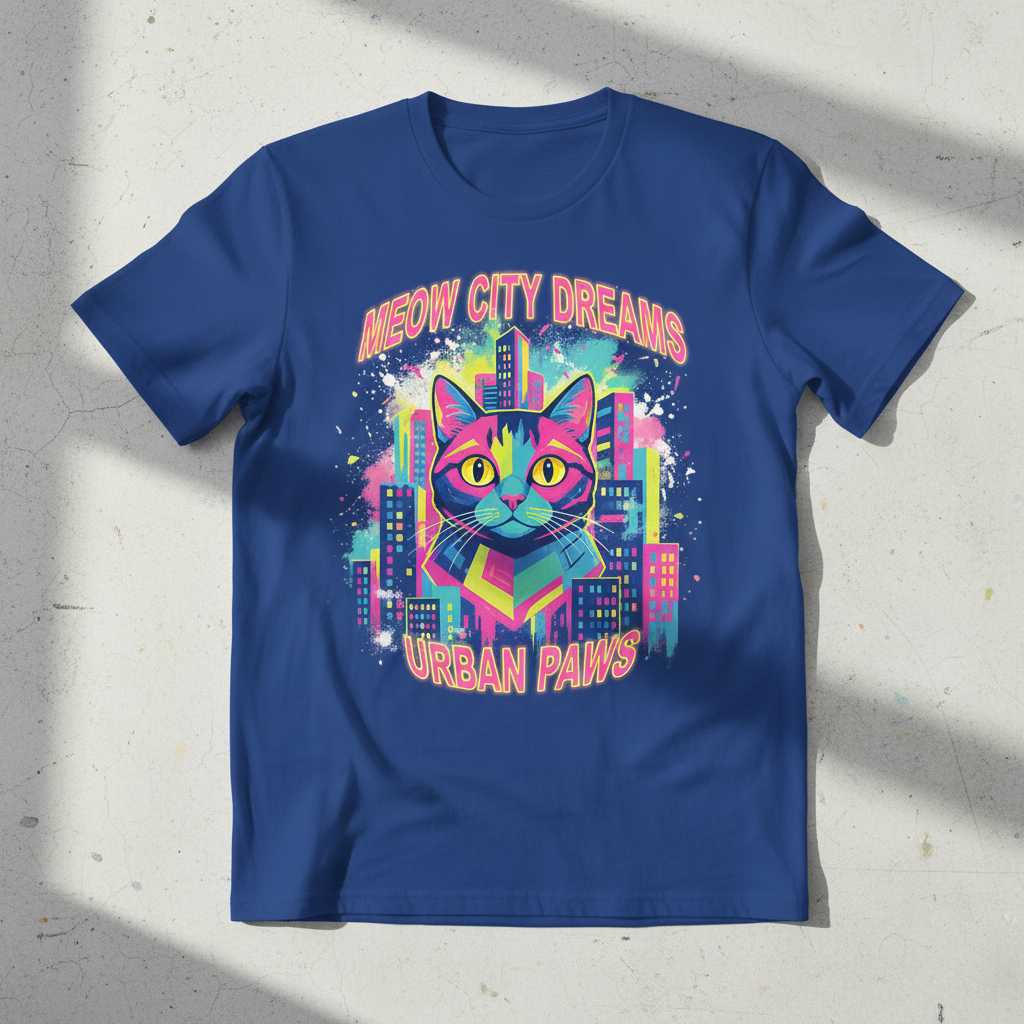 Meow City Dreams Urban Paws Retro T-Shirt, Novelty Graphic Cat Tee Gift Idea
