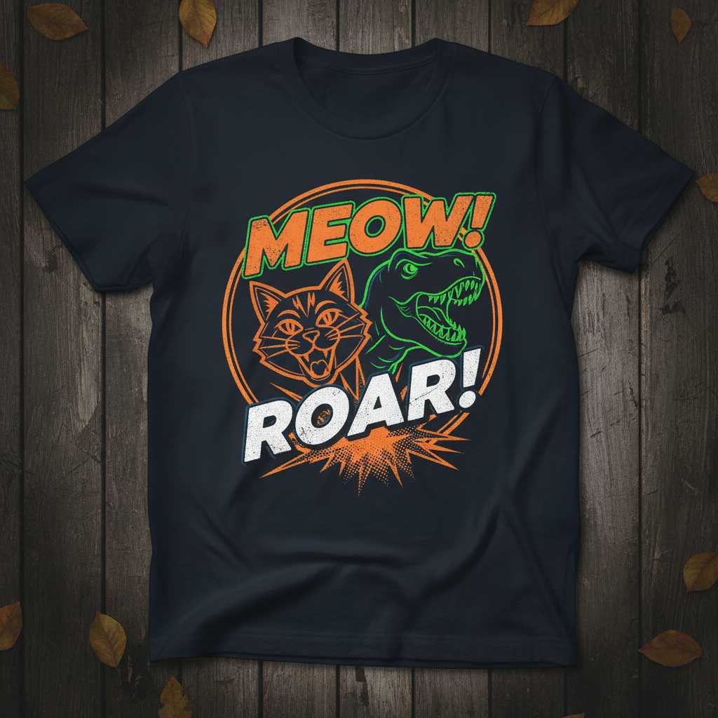 Meow! Roar! Cat and T-Rex Selfie Retro Distressed T-Shirt Graphic Tee Idea