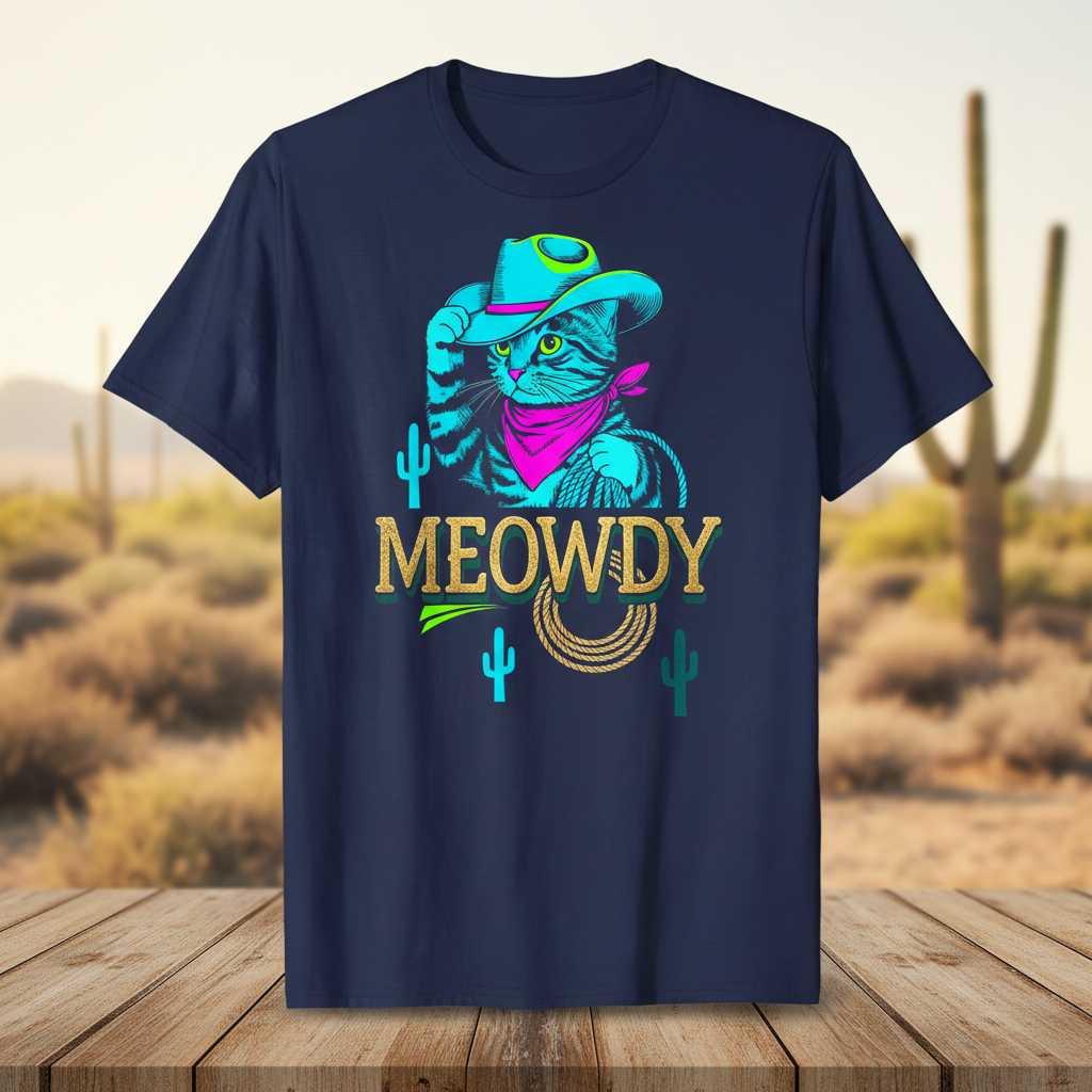 Meowdy Retro Cowboy Cat Western T-Shirt, Funny Graphic Tee Present Idea