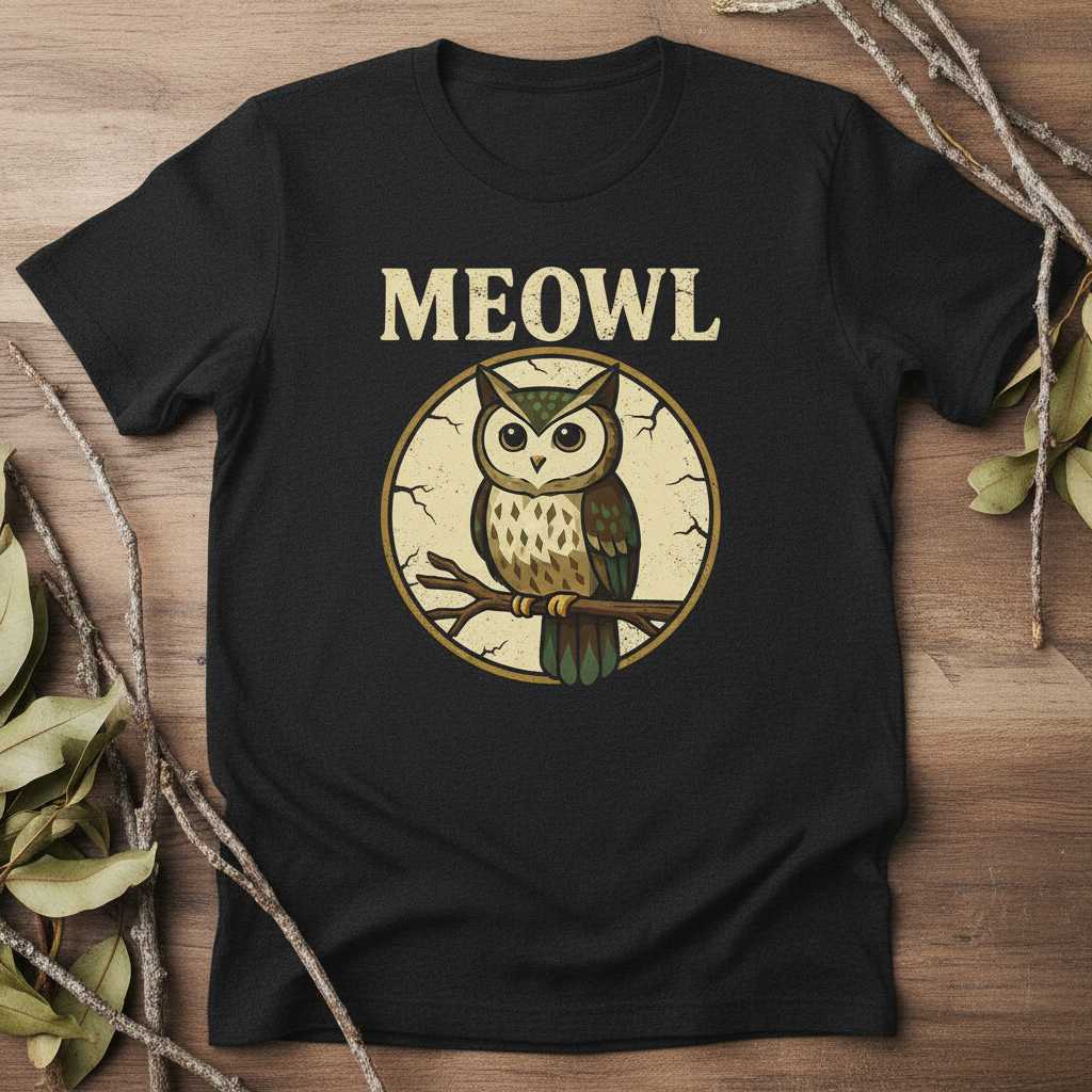 Meowl Vintage Retro Distressed T-Shirt, Funny Graphic Tee Novelty Merch