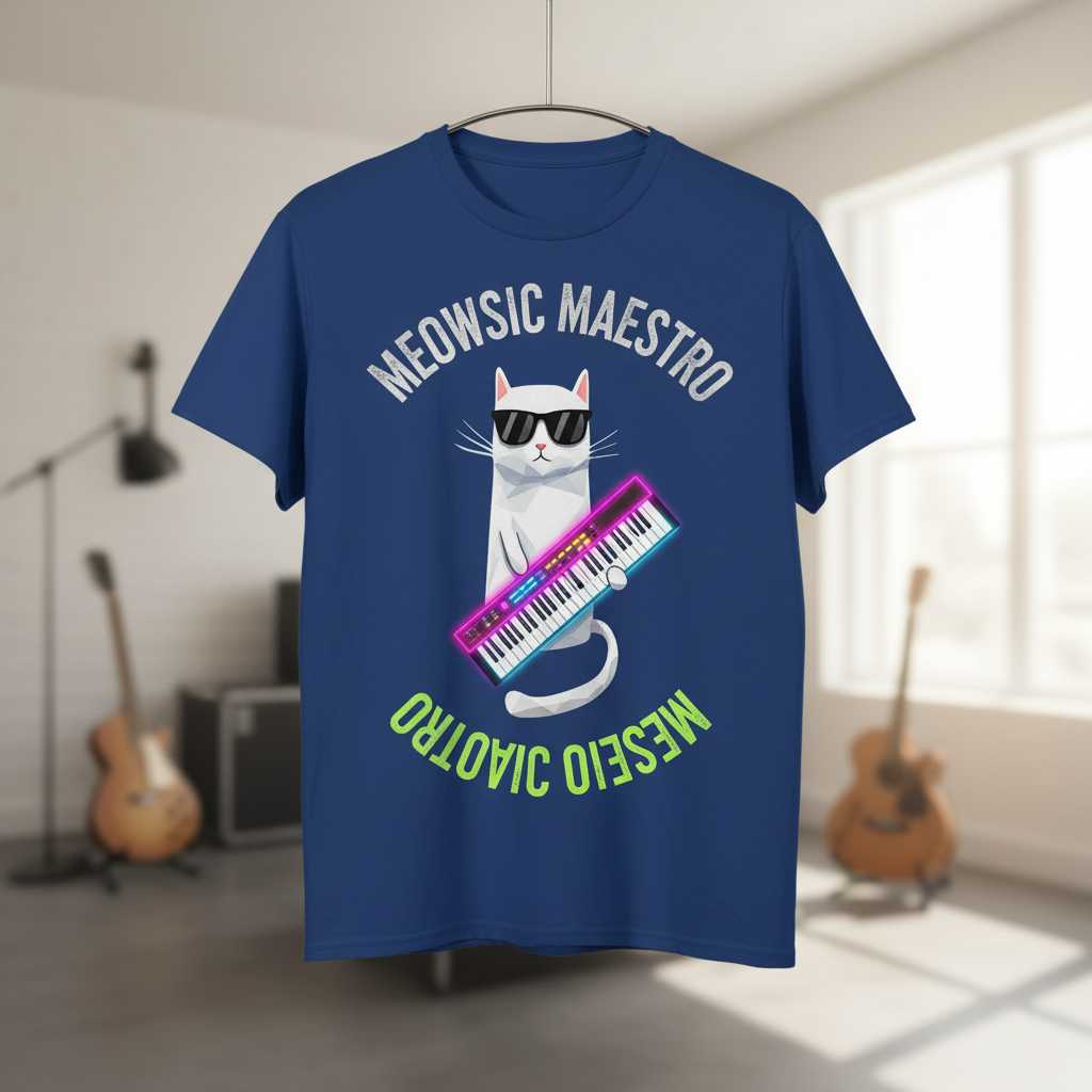 Meowsic Maestro Retro T-Shirt, Funny Cat Keytar Player Graphic Tee Merch