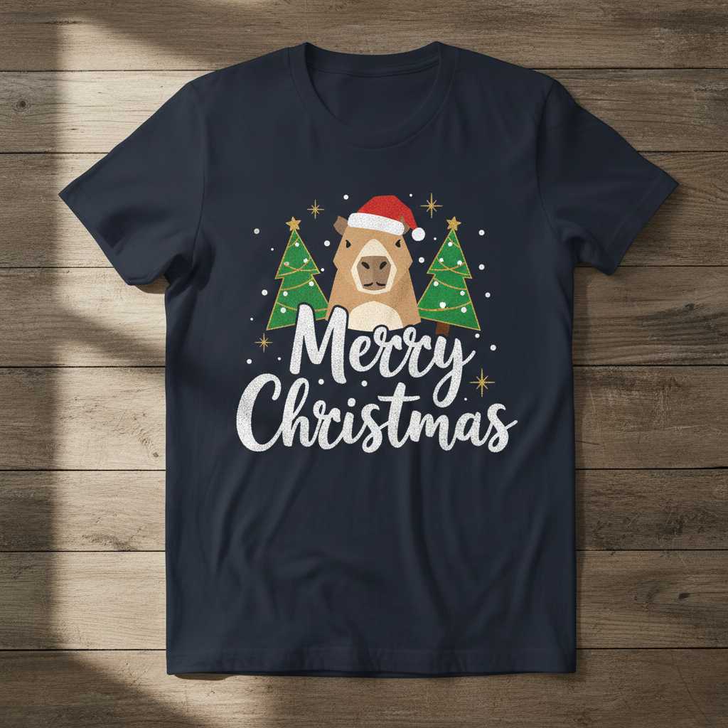 Merry Christmas Capybara Graphic T-Shirt, Cute Novelty Tee Present Idea