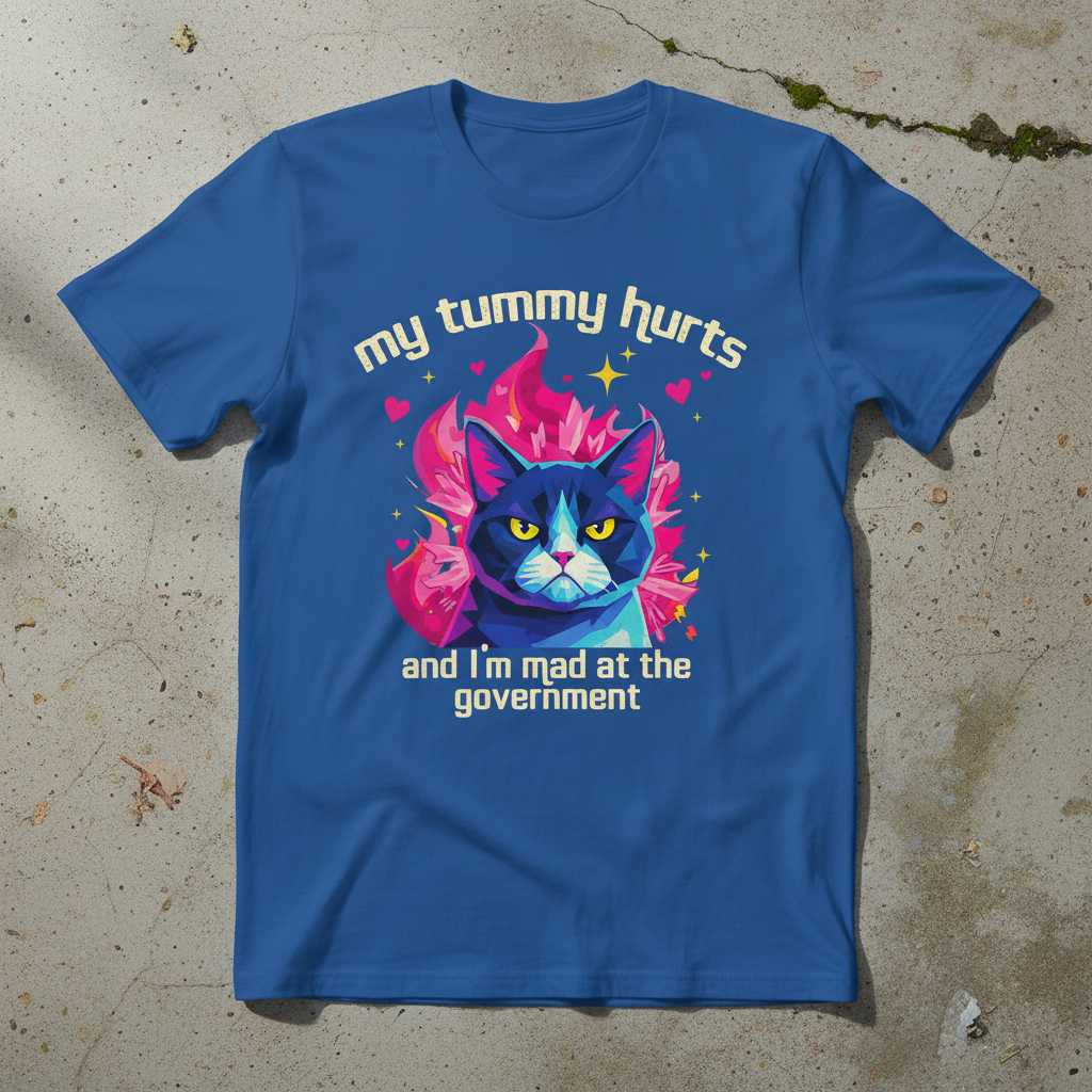 My Tummy Hurts And Im Mad At The Government Funny Cat T-Shirt Graphic Tee Top
