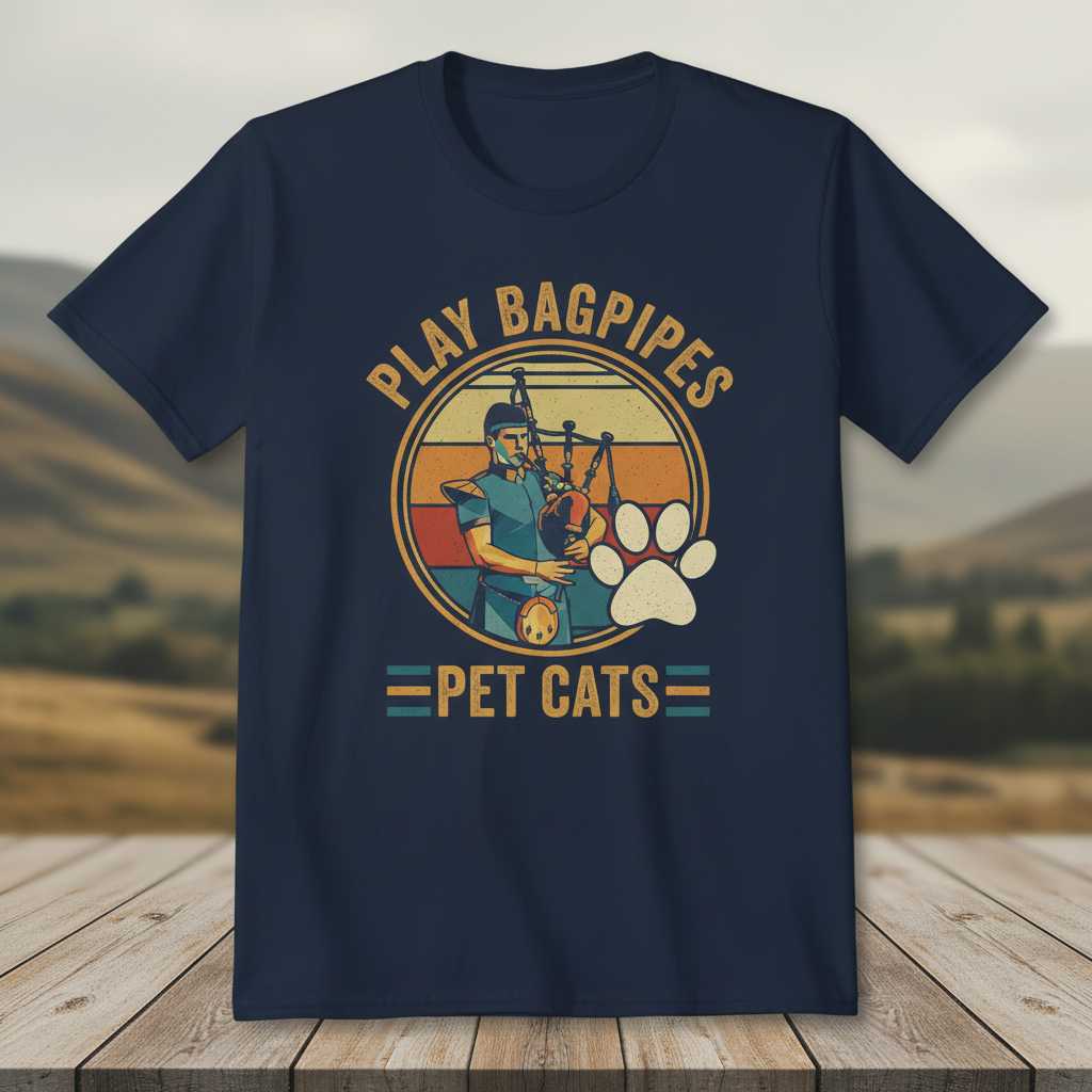 Play Bagpipes Pet Cats Retro Vintage T-Shirt, Funny Novelty Tee Merch Idea