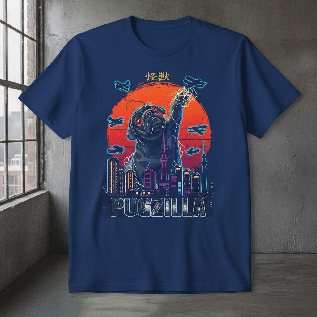 Pugzilla Retro T-Shirt, Funny Kaiju Monster Dog Graphic Tee Novelty Gear