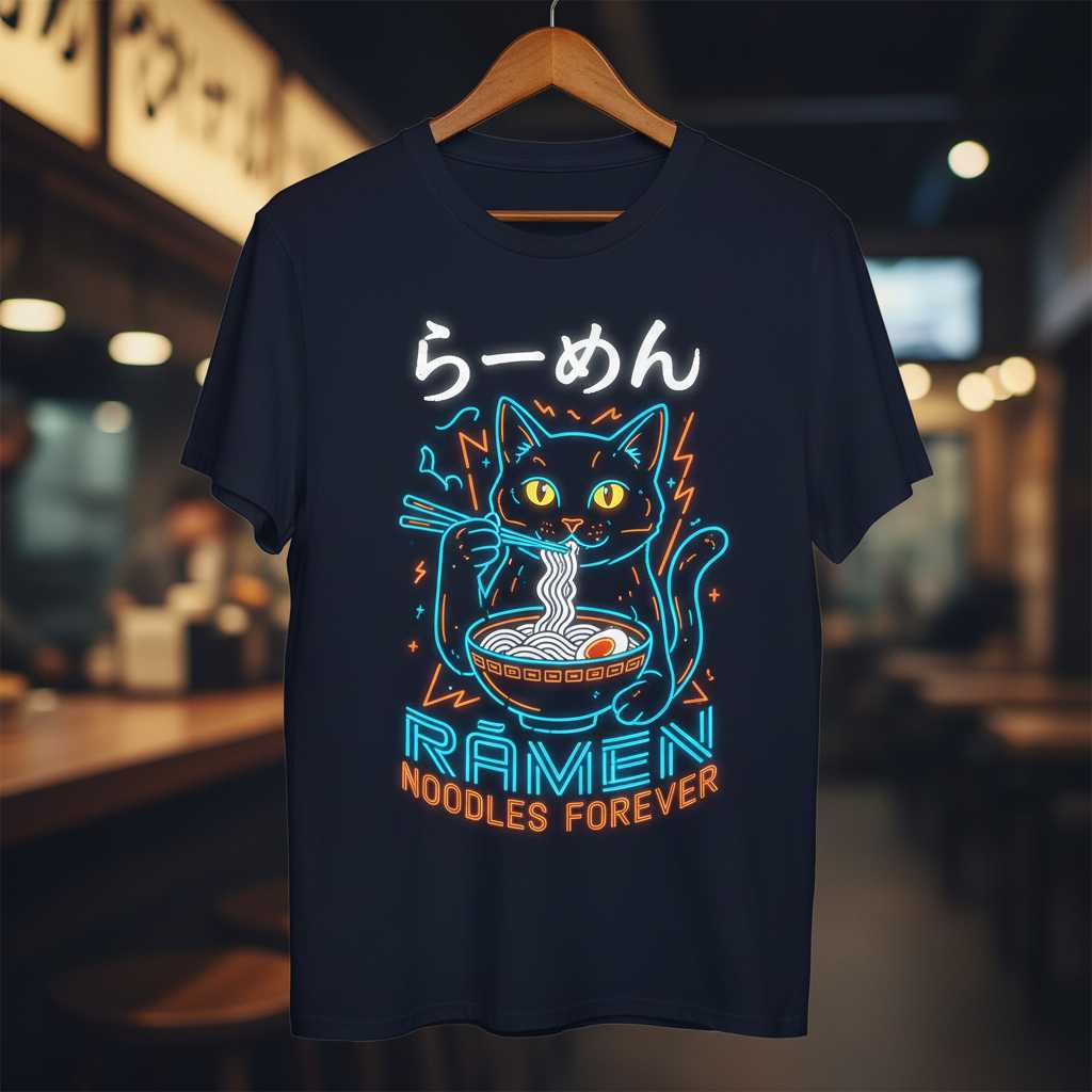 Ramen Noodles Forever Japanese Cat Graphic T-Shirt, Cute Novelty Tee Top