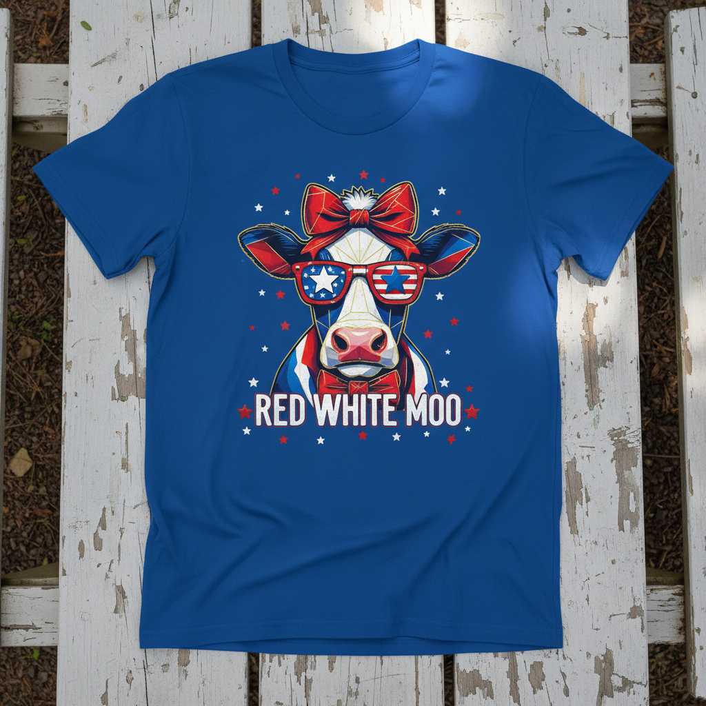 Red White Moo Cow USA Flag Patriotic T-Shirt, Funny 4th of July Tee Gear