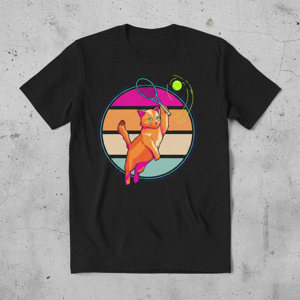 Retro 80s Tennis Player Cat Vintage T-Shirt, Cute Novelty Tee Top Present Idea