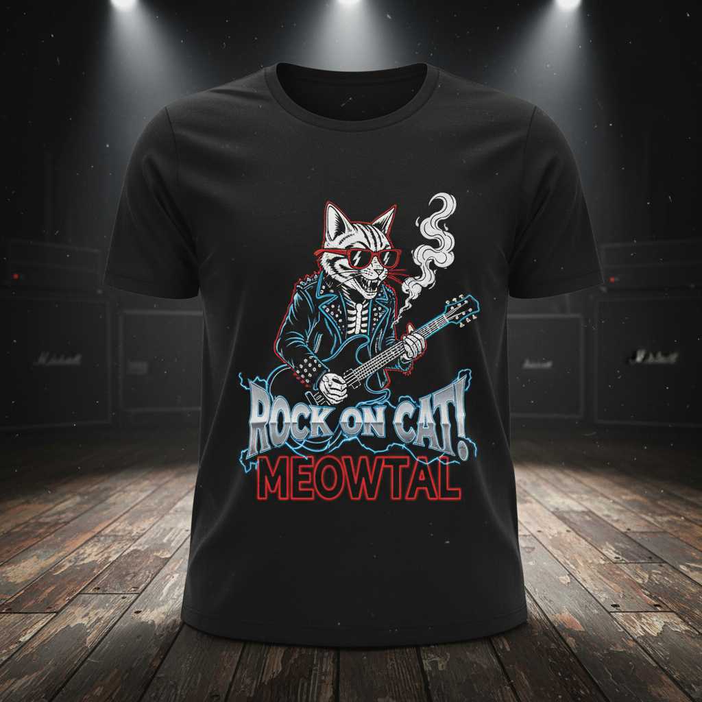 Rock On Cat Meowtal Electric Guitar Heavy Metal T-Shirt, Rock Music Tee Merch