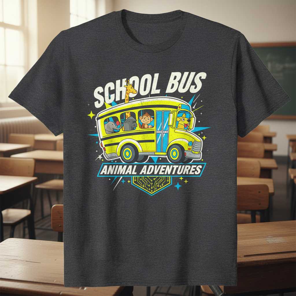 School Bus Animal Adventures Retro T-Shirt, Cute Graphic Tee Present Idea