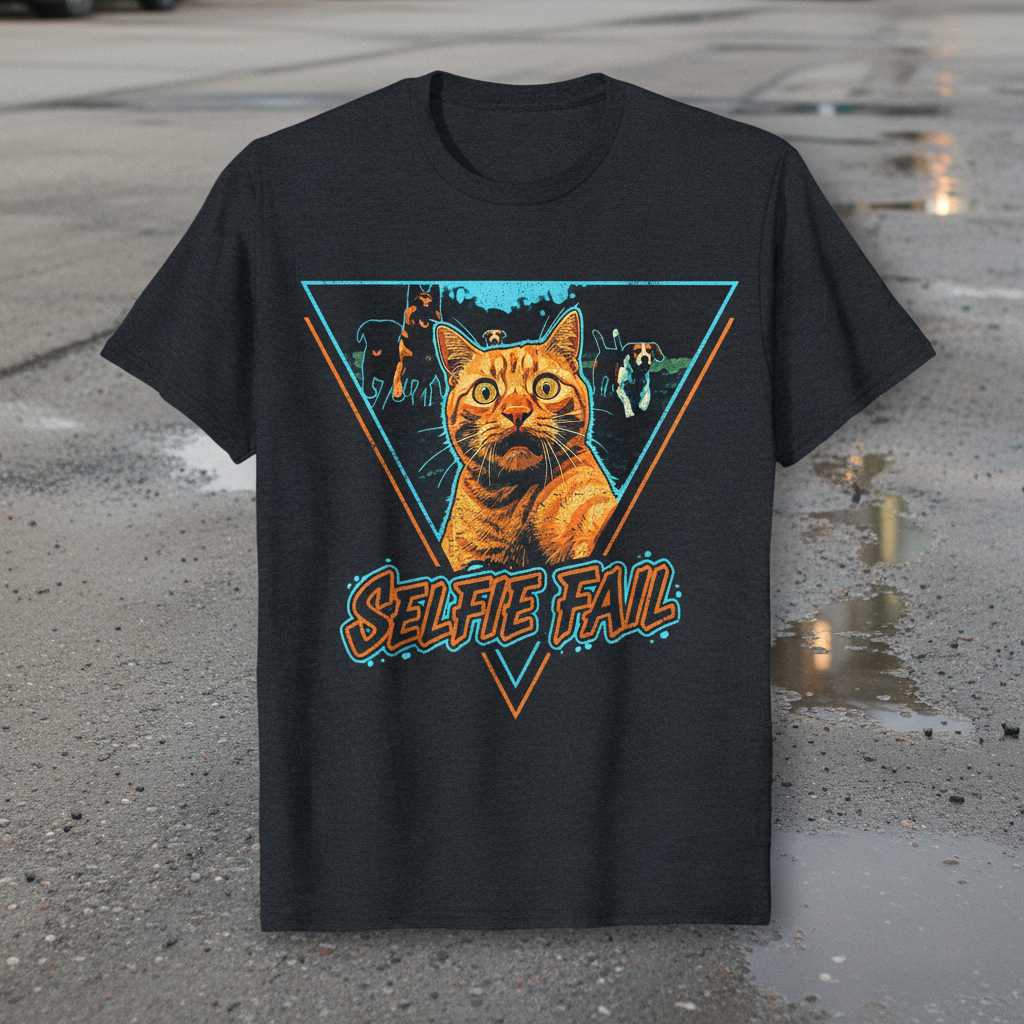Selfie Fail Retro Vintage Cat Graphic T-Shirt, Funny Meme Tee Present Idea