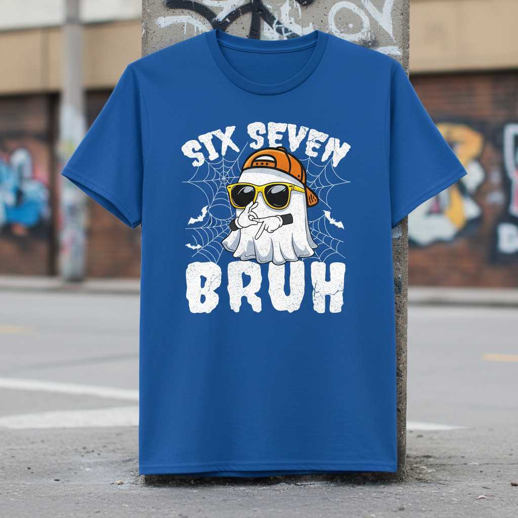 Six Seven Bruh Distressed Halloween T-Shirt, Funny Ghost Meme Graphic Tee Top