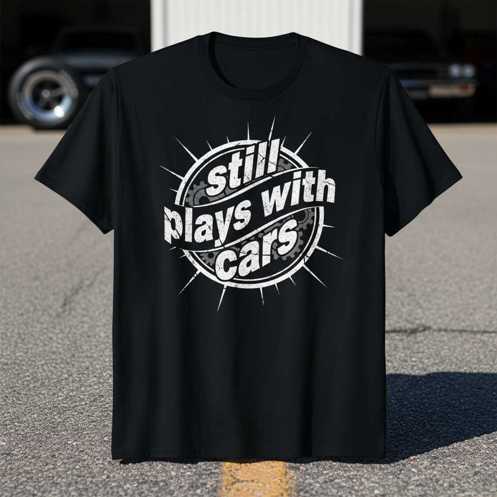 Still Plays With Cars Distressed T-Shirt, Funny Automotive Tee Gear Idea