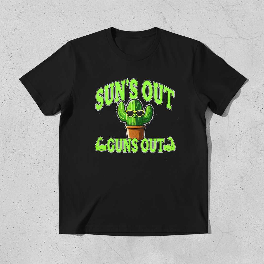 Suns Out Guns Out Funny Cactus Graphic T-Shirt, Summer Workout Tee Gear