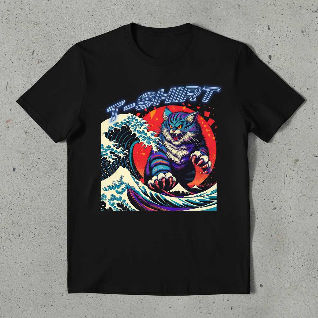 T-Shirt Catzilla Japanese Sun Great Wave Cat Retro Graphic Tee Novelty Wear