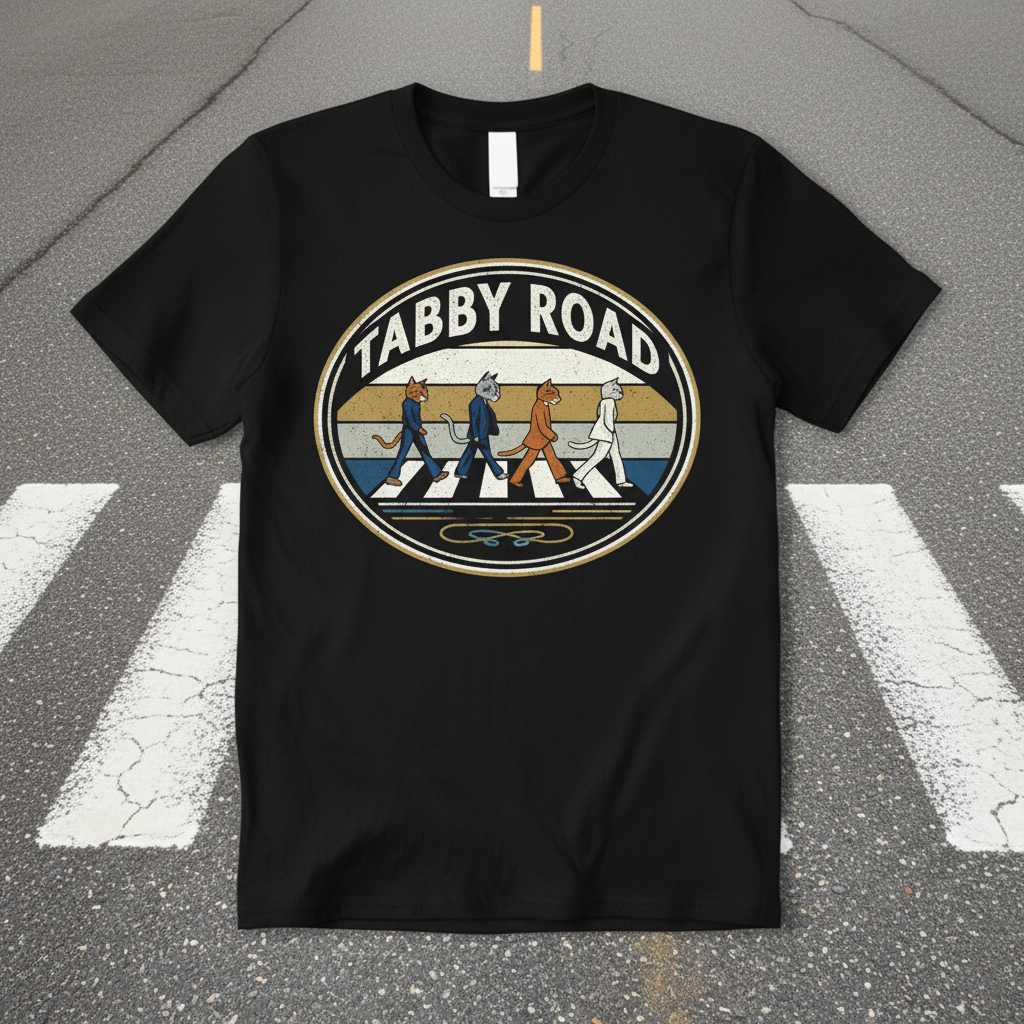 Tabby Road Vintage Retro T-Shirt, Funny Cat Music Parody Tee Graphic Merch