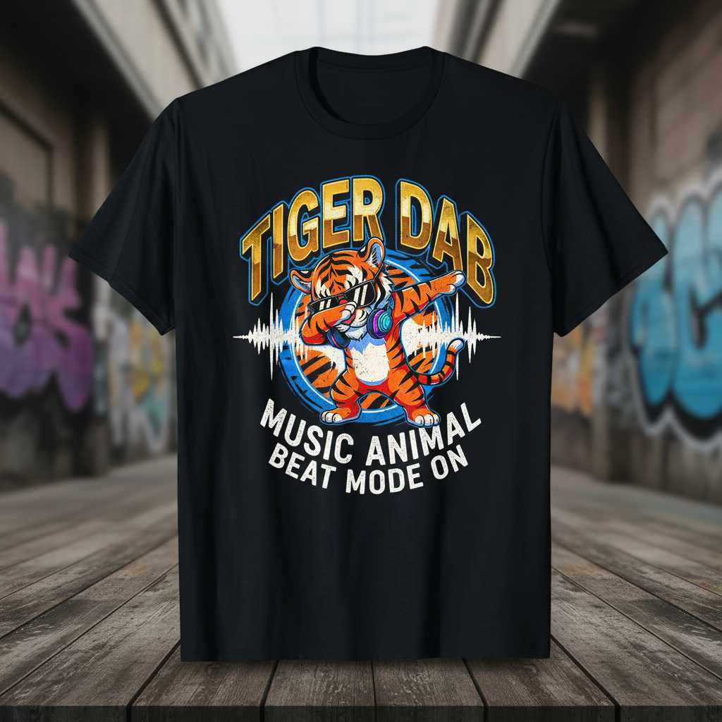 Tiger Dab Music Animal Beat Mode On Distressed T-Shirt, Novelty Graphic Tee Top
