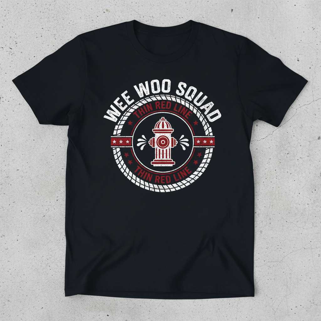 Wee Woo Squad Thin Red Line Distressed T-Shirt Funny Firefighter Tee Gift Idea