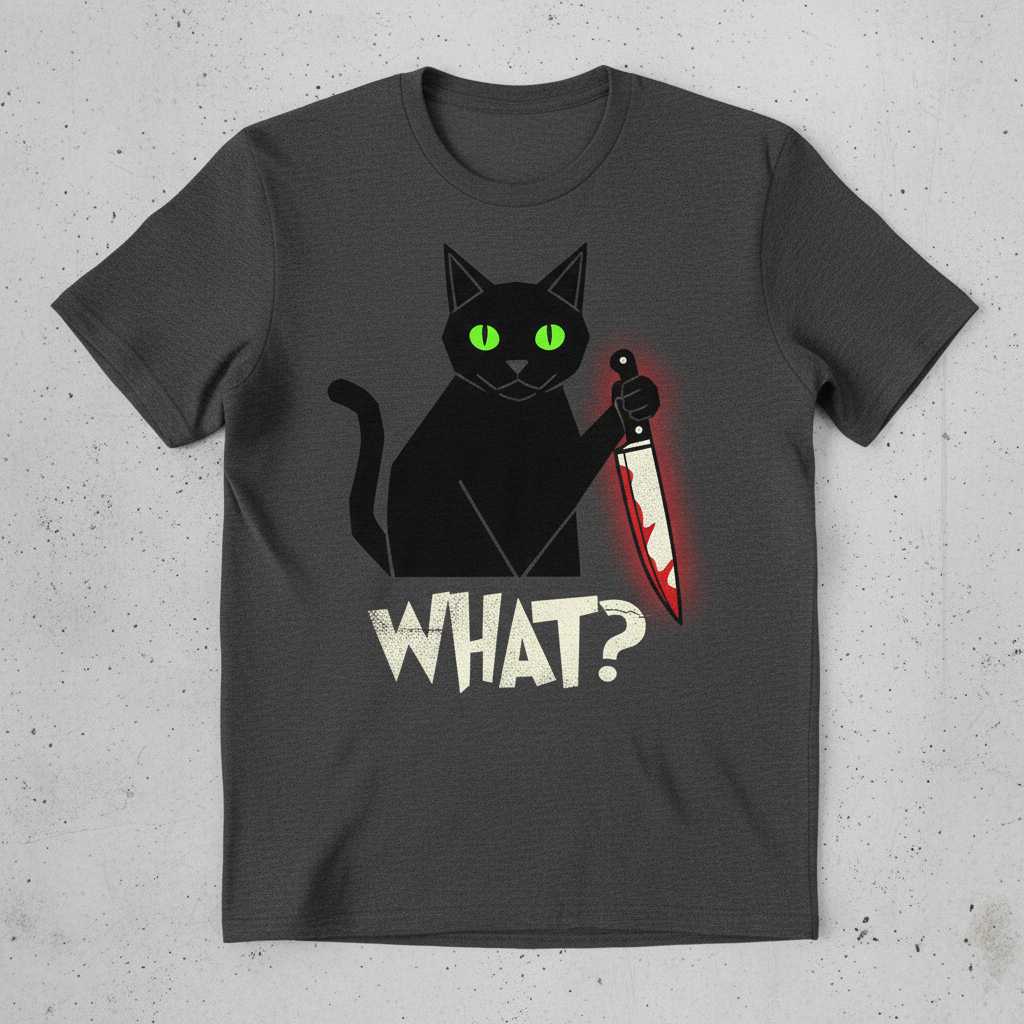 What- Black Cat Knife Distressed T-Shirt, Funny Graphic Novelty Tee Idea