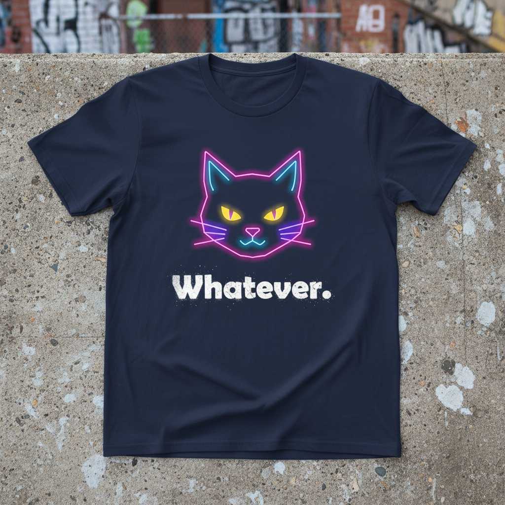 Whatever. Retro Neon Cat T-Shirt, Distressed Funny Graphic Tee Gift Idea